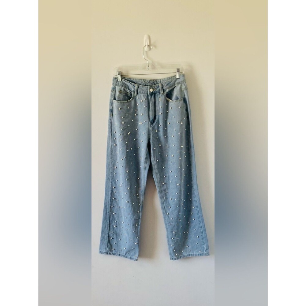 Light Blue Pearl-Studded Women’s Jeans Size M Bridal Maximalist Bachelorette